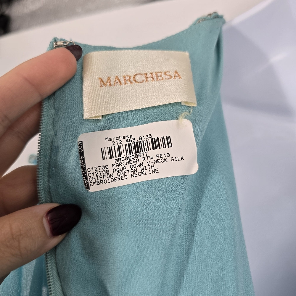 Marchesa Couture Aqua Blue Embellished Neckline Chiffon Caftan Gown No Size - Picture 14 of 16